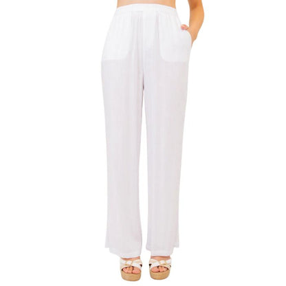 female model wearing white bella pants front view on white background