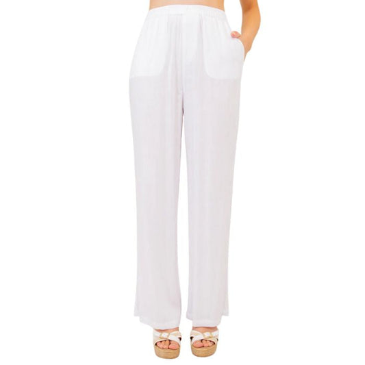 female model wearing white bella pants front view on white background