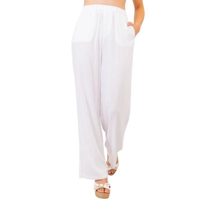 female model wearing white bella pants front view on white background