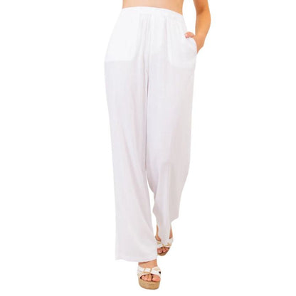 female model wearing white bella pants front view on white background