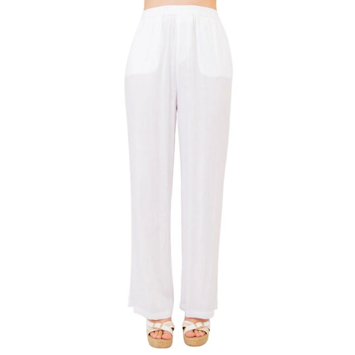female model wearing white bella pants front view on white background