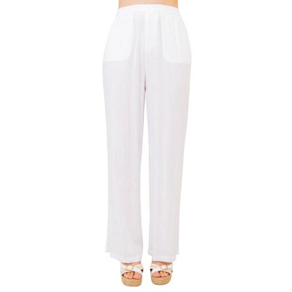 female model wearing white bella pants front view on white background