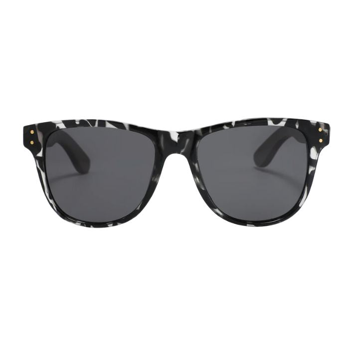 berlin sunglasses black marble frames and black lenses front view of sunglasses on white background
