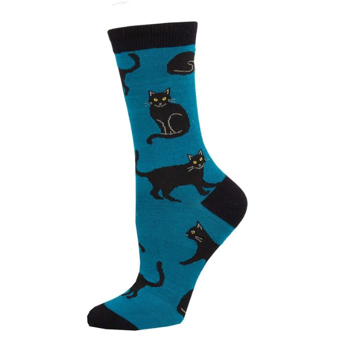 black cat socks blue crew sock with black cat print on white background