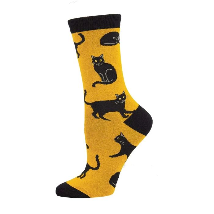 black cat socks yellow crew sock with black cat print on white background