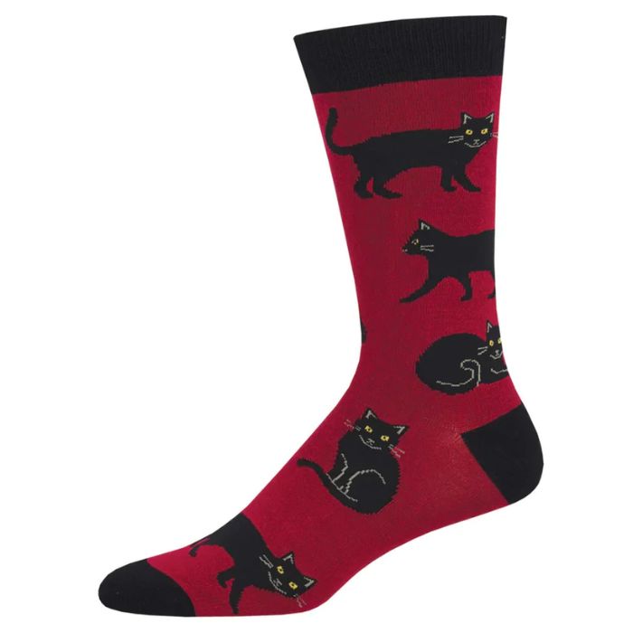 black cat socks red crew sock with black cat print on white background