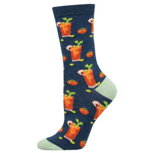 Bloody good drink sock blue crew  sock with bloody Mary drink cocktail print on white background