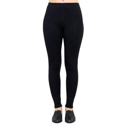 bottom of female model wearing bobbi black fleece leggings front view on white background