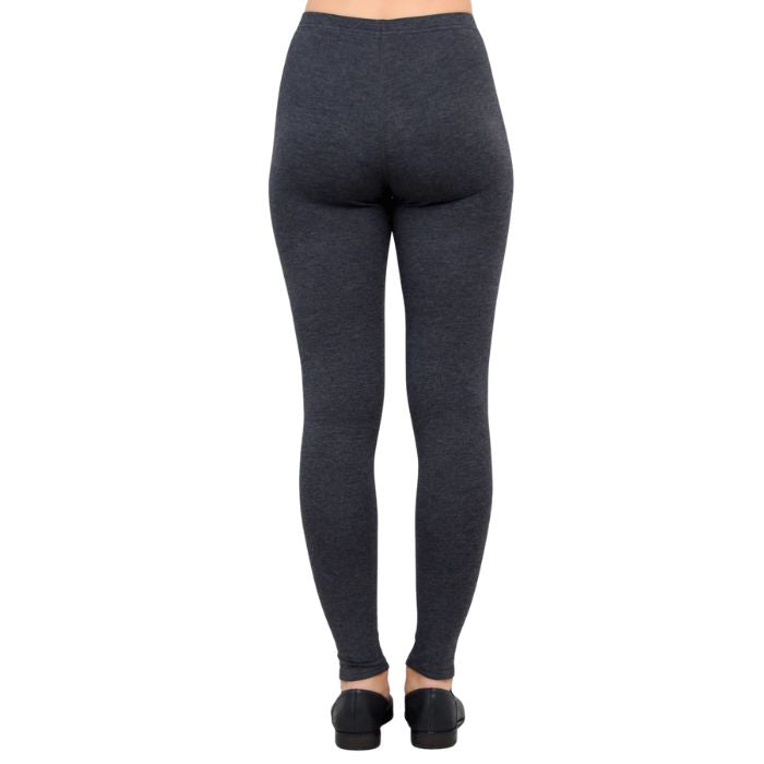 bottom of female model wearing bobbi granite grey fleece leggings back view on white background