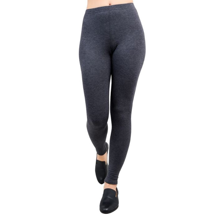 bottom of female model wearing bobbi granite grey fleece leggings front view on white background