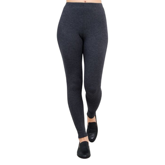 bottom of female model wearing bobbi granite grey fleece leggings front view on white background