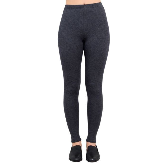 bottom of female model wearing bobbi granite grey fleece leggings front view on white background