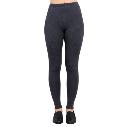 bottom of female model wearing bobbi granite grey fleece leggings front view on white background