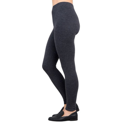 bottom of female model wearing bobbi granite grey fleece leggings side view on white background