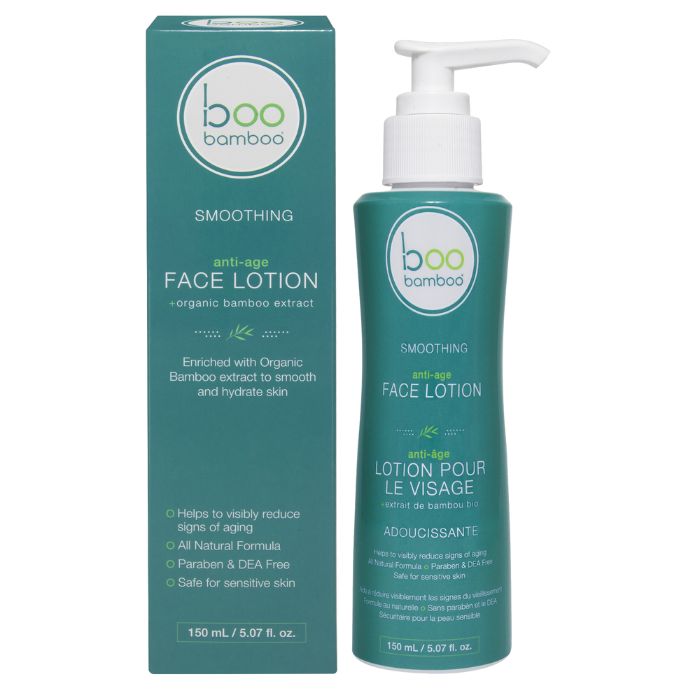 boo bamboo aniti-aging lotion pump dispencer bottle and box front view of on white background