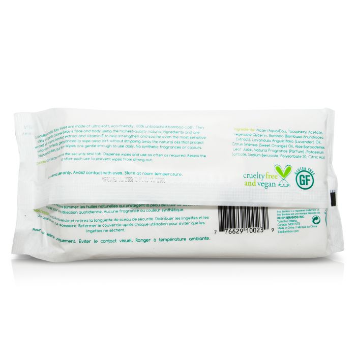 100% biodegradable bamboo baby wipes 80 pack back view of package on white backgound