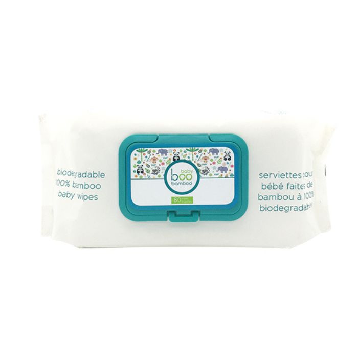 100% biodegradable bamboo baby wipes 80 pack front view of package on white backgound