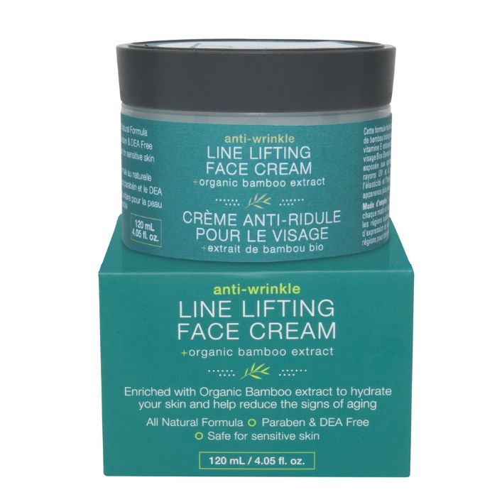Anti-Wrinkle line lifting face cream front view of 120ml tub and package on white background