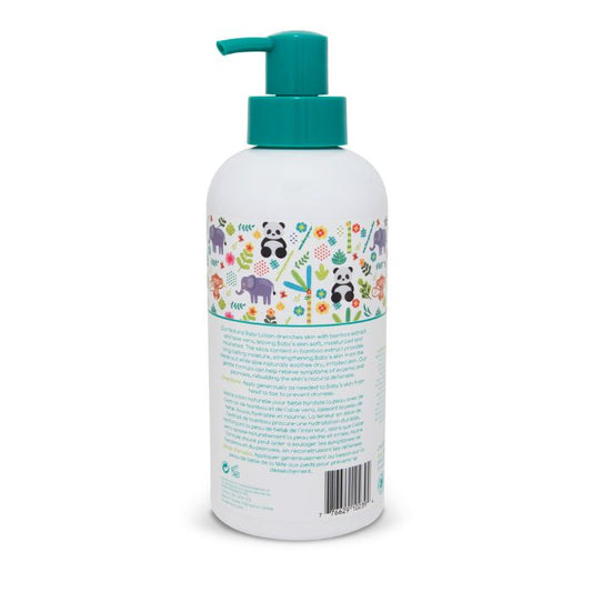 Natural baby lotion back view of 600ml bottle with pump on white background
