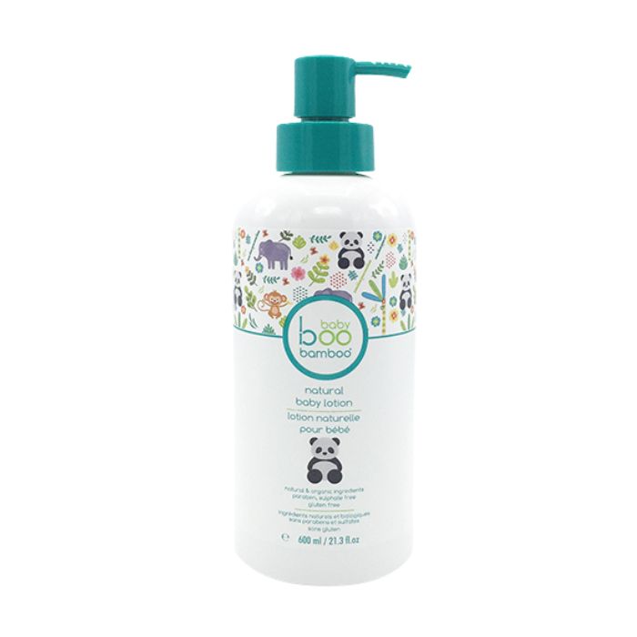 Natural baby lotion front view of 600ml bottle with pump on white background