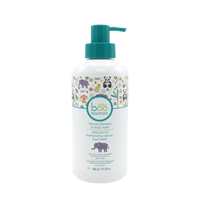 Natural baby shampoo and body wash front view of 600ml bottle with pump on white background