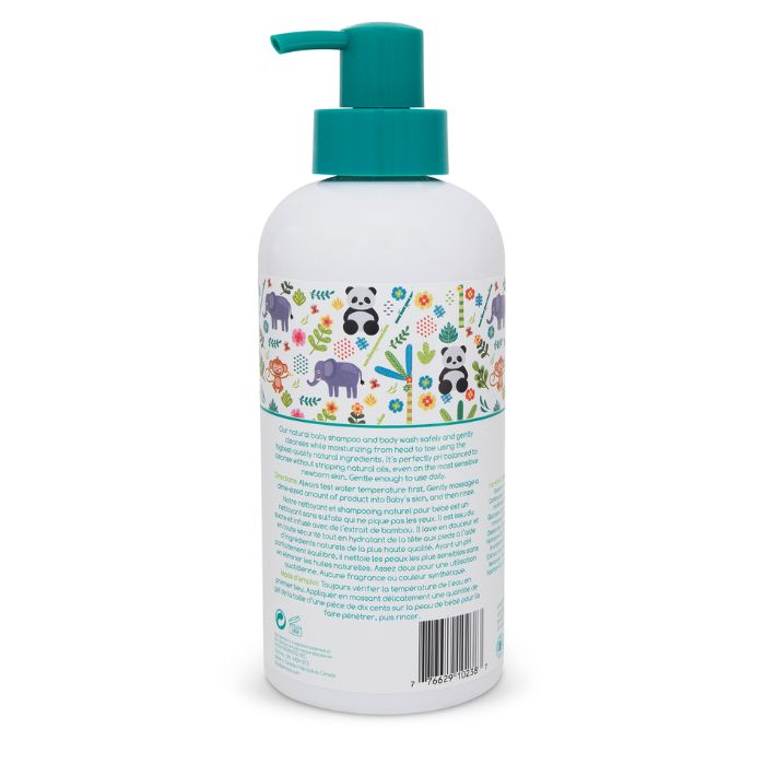 Natural Baby Shampoo & Body Wash unscented cleanser back view of 600ml bottle with pump on white background