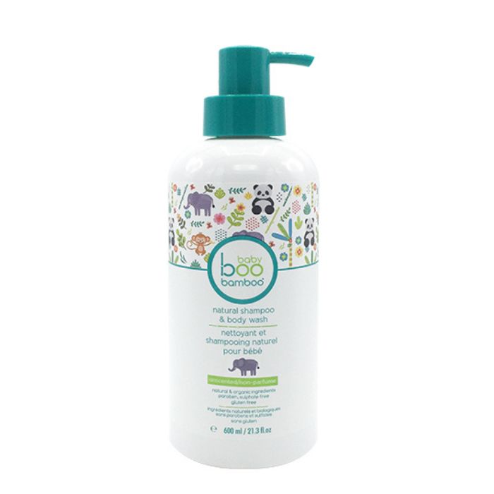Natural Baby Shampoo & Body Wash unscented cleanser front view of 600ml bottle with pump on white background