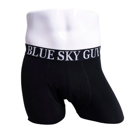 body of white male mannequin wearing black boxer 2.0 boxer brief undershorts front view on white background
