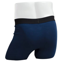 body of male mannequin wearing boxer 2.0 indigo blue boxer brief undershorts back view on white background