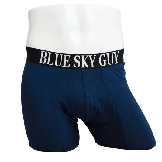 body of white male mannequin wearing indigo blue boxer 2.0 boxer brief undershorts front view on white background