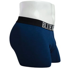 body of male mannequin wearing boxer 2.0 indigo blue boxer brief undershorts side view on white background