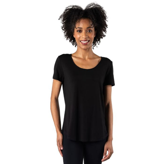 top of female model wearing black brenda u-neck tee front view on white bacground