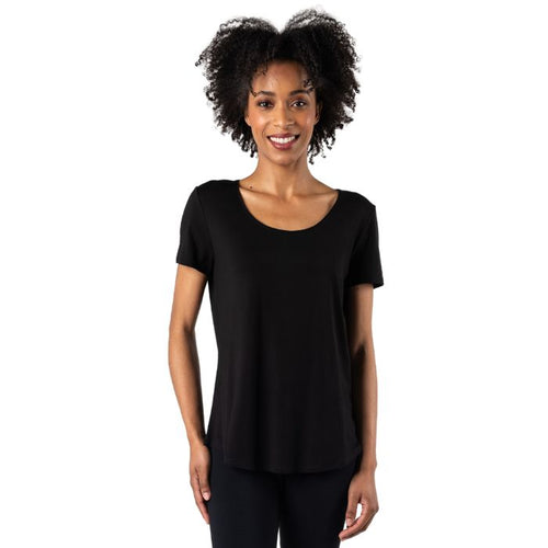 top of female model wearing black brenda u-neck tee front view on white bacground