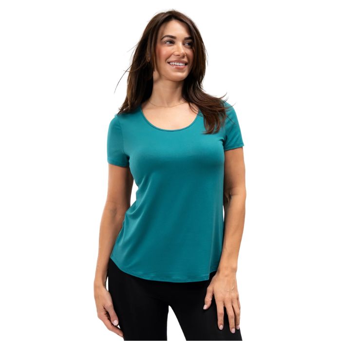female model wearing coastal teal green brenda u-neck tee front view on white background
