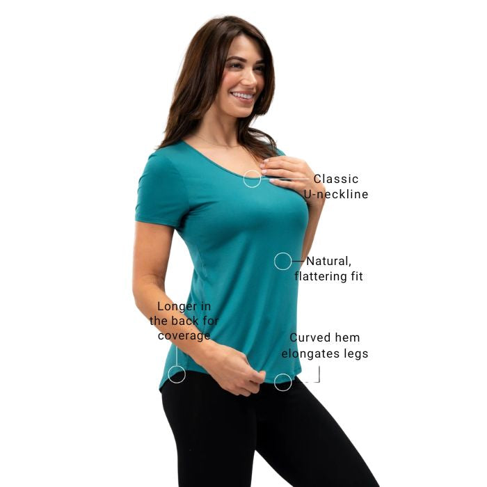 female model wearing coastal teal green brenda u-neck tee side view on white background