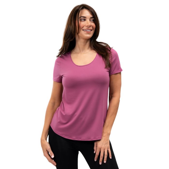 female model wearing wild rose pink brenda u-neck tee front view on white background