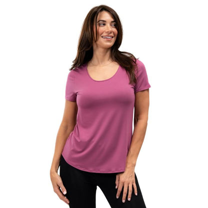 female model wearing wild rose pink brenda u-neck tee front view on white background