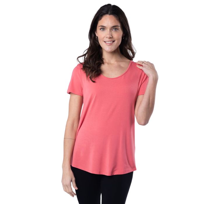 female model wearing coral pink brenda u-neck tee front view on white background