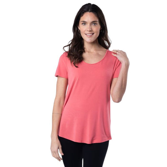 female model wearing coral pink brenda u-neck tee front view on white background