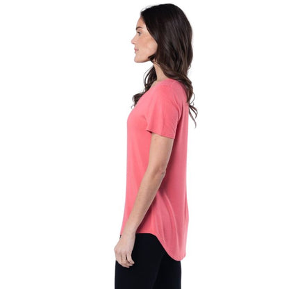 female model wearing coral pink brenda u-neck tee side view on white background
