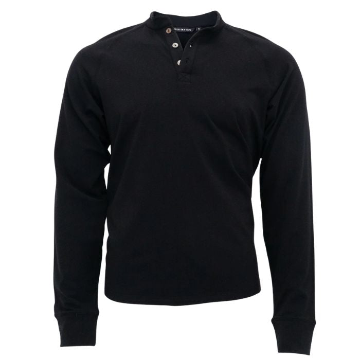 black brody long sleeve henley shirt front view on white background