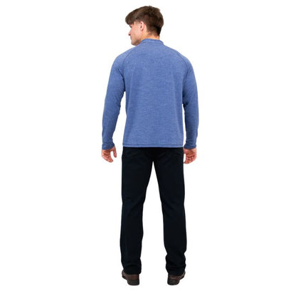 male model wearing denim blue brody long sleeve shenley shirt and black pants back view on white background