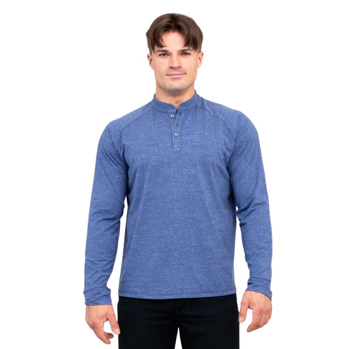 top half of male model wearing denim blue brody long sleeve henley shirt front view on white background