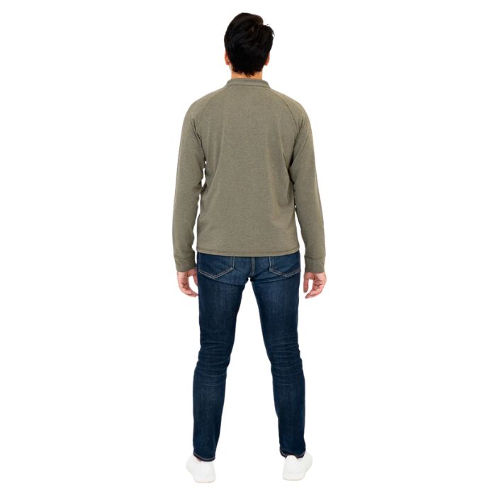 male model wearing khaki green brody long sleeve shenley shirt and blue jeans back view on white background