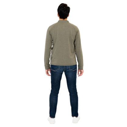 male model wearing khaki green brody long sleeve shenley shirt and blue jeans back view on white background