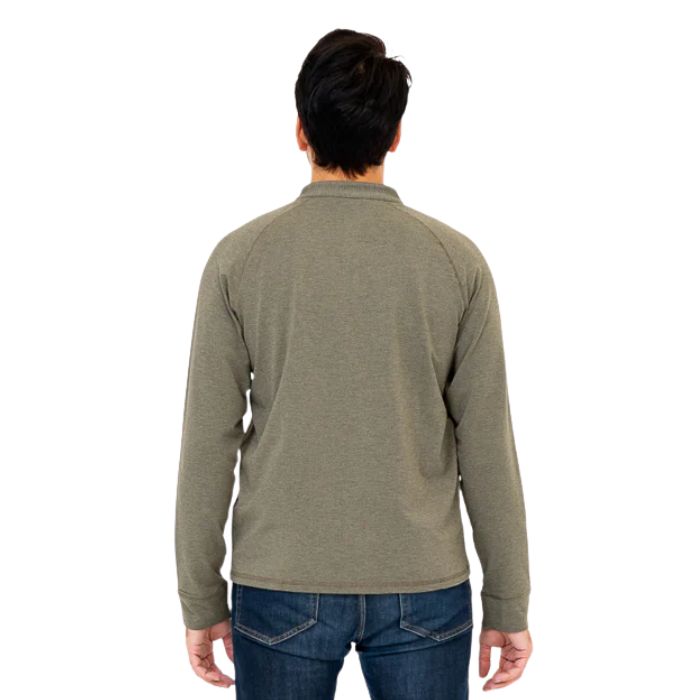 top half of male model wearing khaki green brody long sleeve henley shirt back view on white background