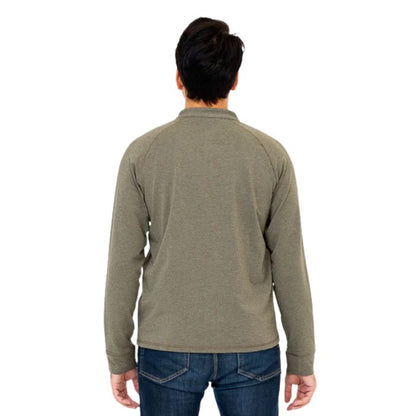top half of male model wearing khaki green brody long sleeve henley shirt back view on white background