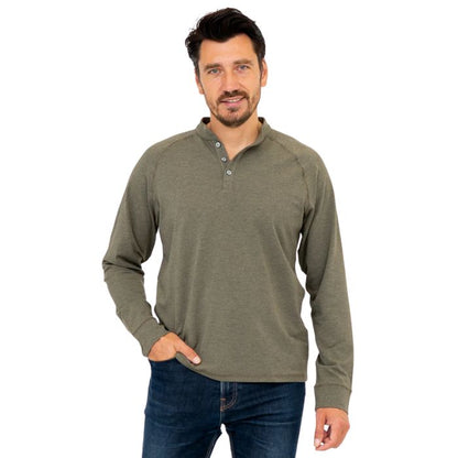 top half of male model wearing khaki green brody long sleeve henley shirt front view on white background