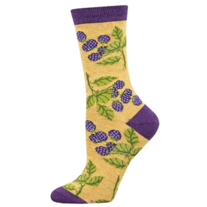 Bunch of blackberries sock light brown sock with bunches of blackberries print on white background
