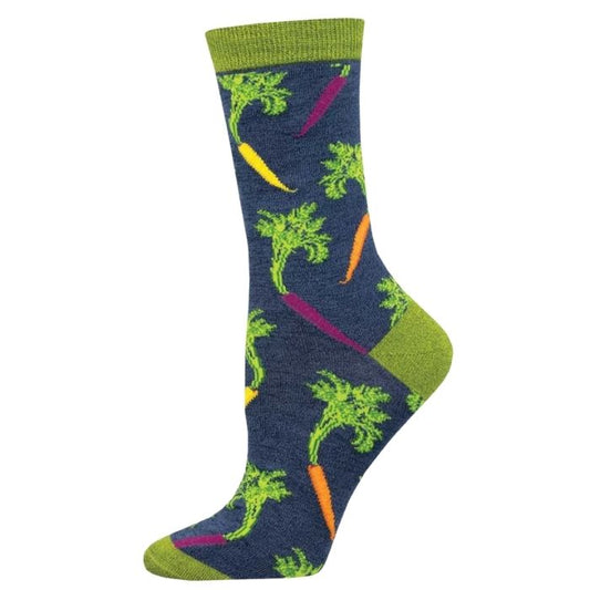 navy blue crew sock colourful carrots print on white background 
